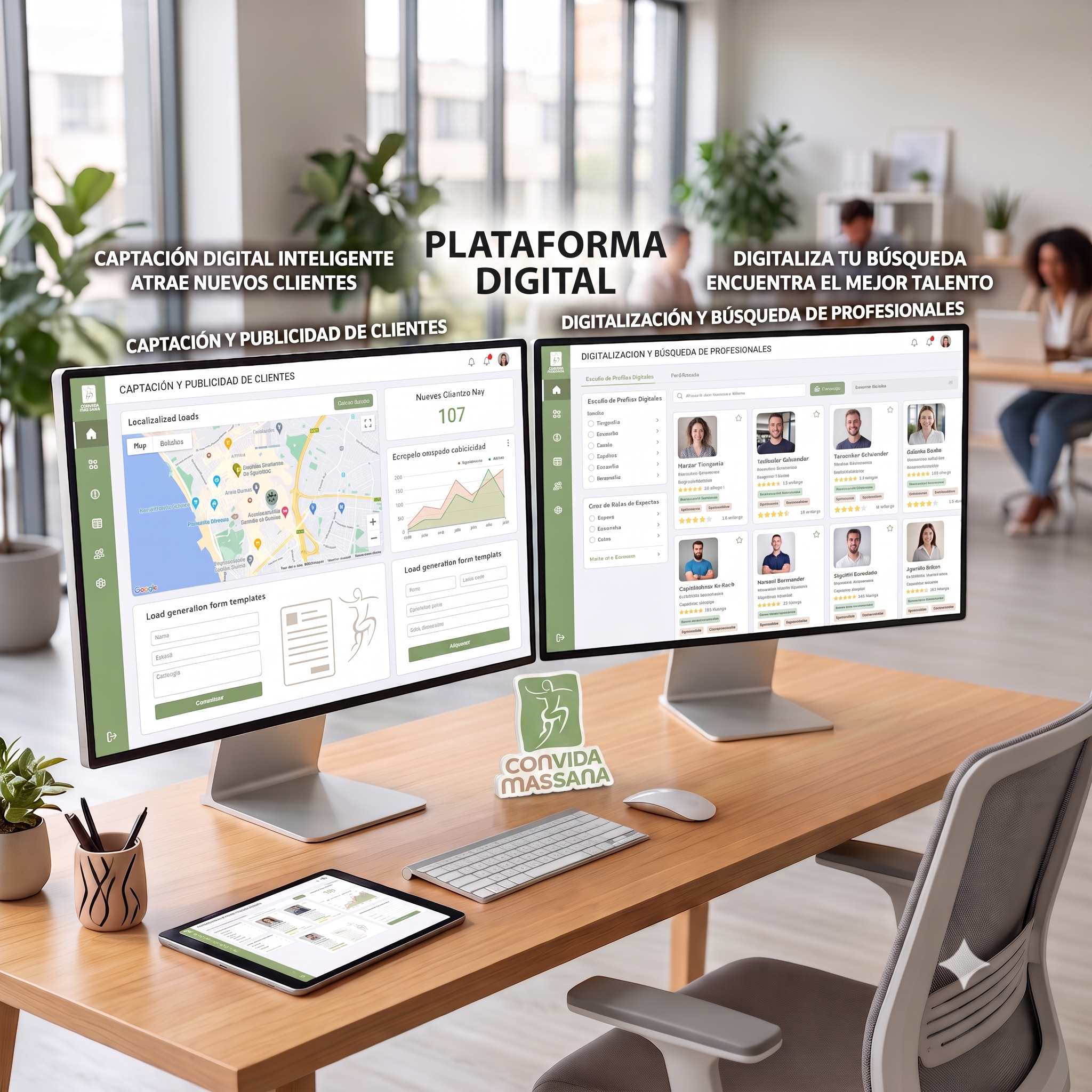 Oficina moderna con dos monitores en un escritorio de madera, mostrando plataformas digitales y mapas, y una tableta, acompañada de una taza con diseño, en un ambiente luminoso con plantas decorativas.