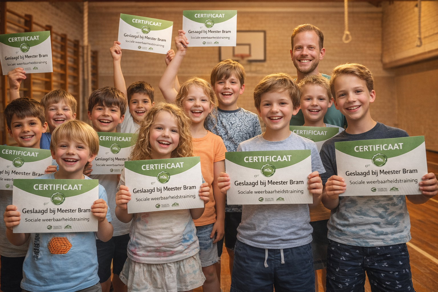 Een groep kinderen en een volwassene vieren hun sociale weerbaarheidstraining diploma in een gymzaal. Ze houden certificaten omhoog en lachen blij.