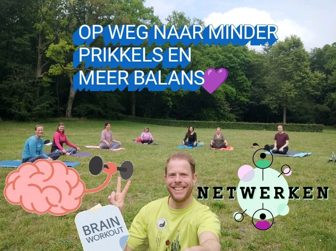 Groepsfoto van mensen die yoga in het park doen, met illustraties en tekst over mindere prikkels, balans, netwerken en breinoefeningen.