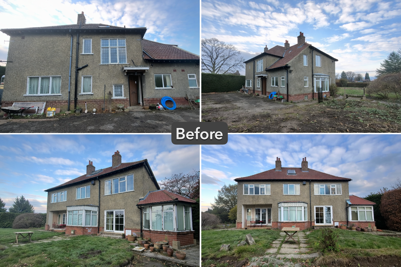 Before and after photos of a house exterior renovation showing garden and yard cleanup.