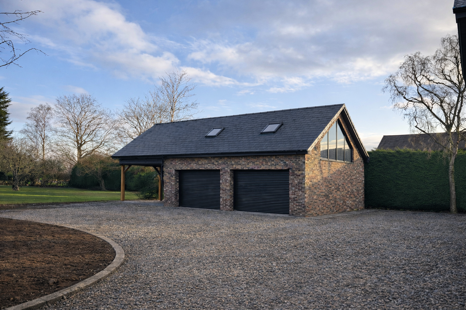 A modern brick garage with two black roll-up doors, a sloped roof with two skylights, and a gravel driveway, surrounded by trees and greenery.