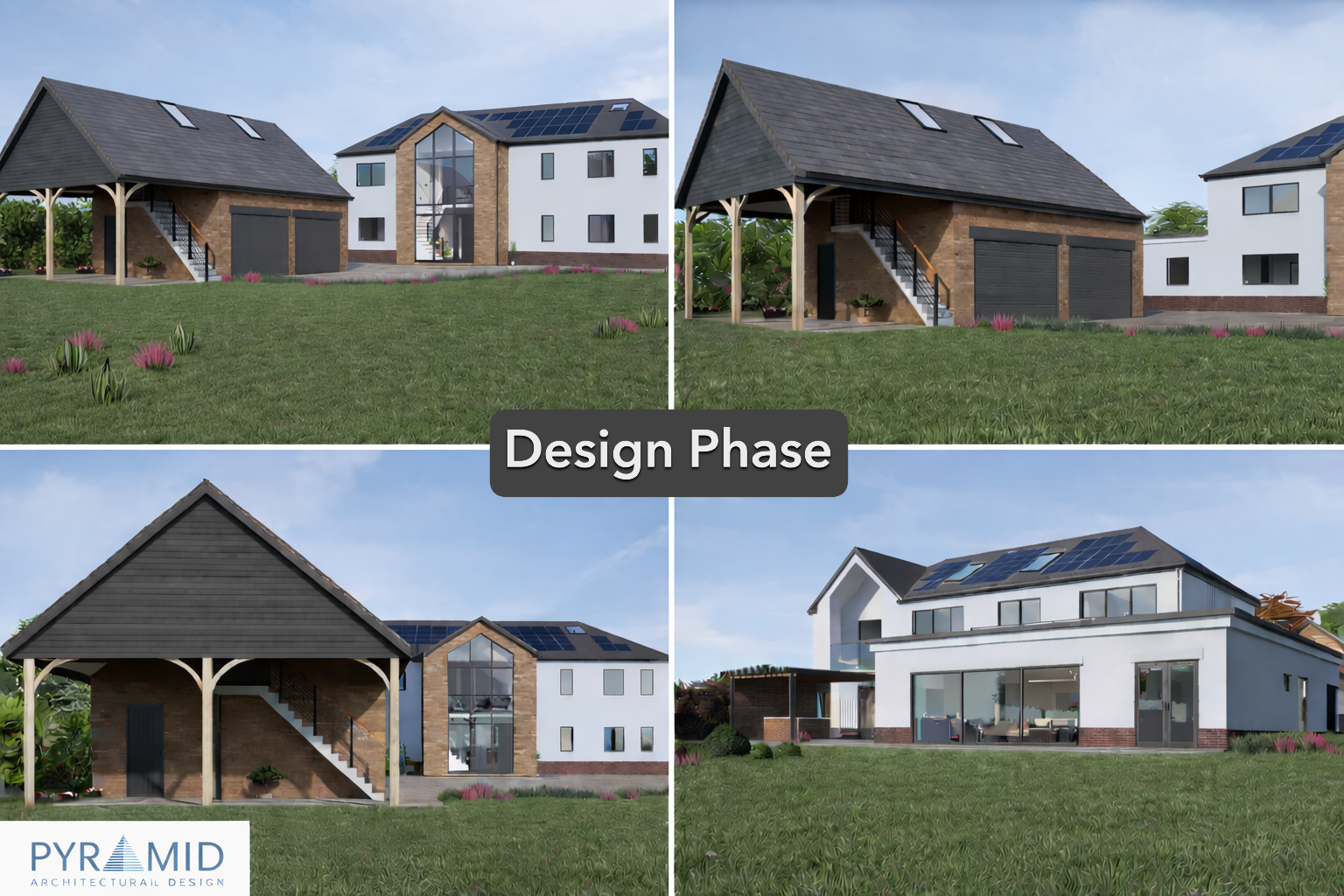Architectural rendering of a residential house during the design phase, showing four views of the house with solar panels on the roof, modern design elements, and surrounding landscaping.