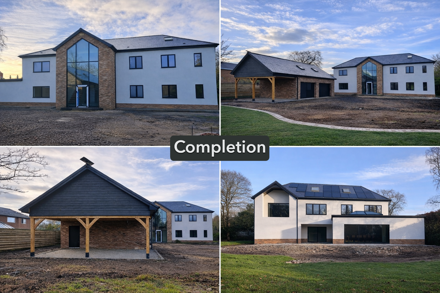A collage of four photos showing a newly completed modern house with white walls, large windows, and a dark roof, surrounded by a yard under construction with some grass and soil, and a bright blue sky with clouds. The word "Completion" is centered in the image.