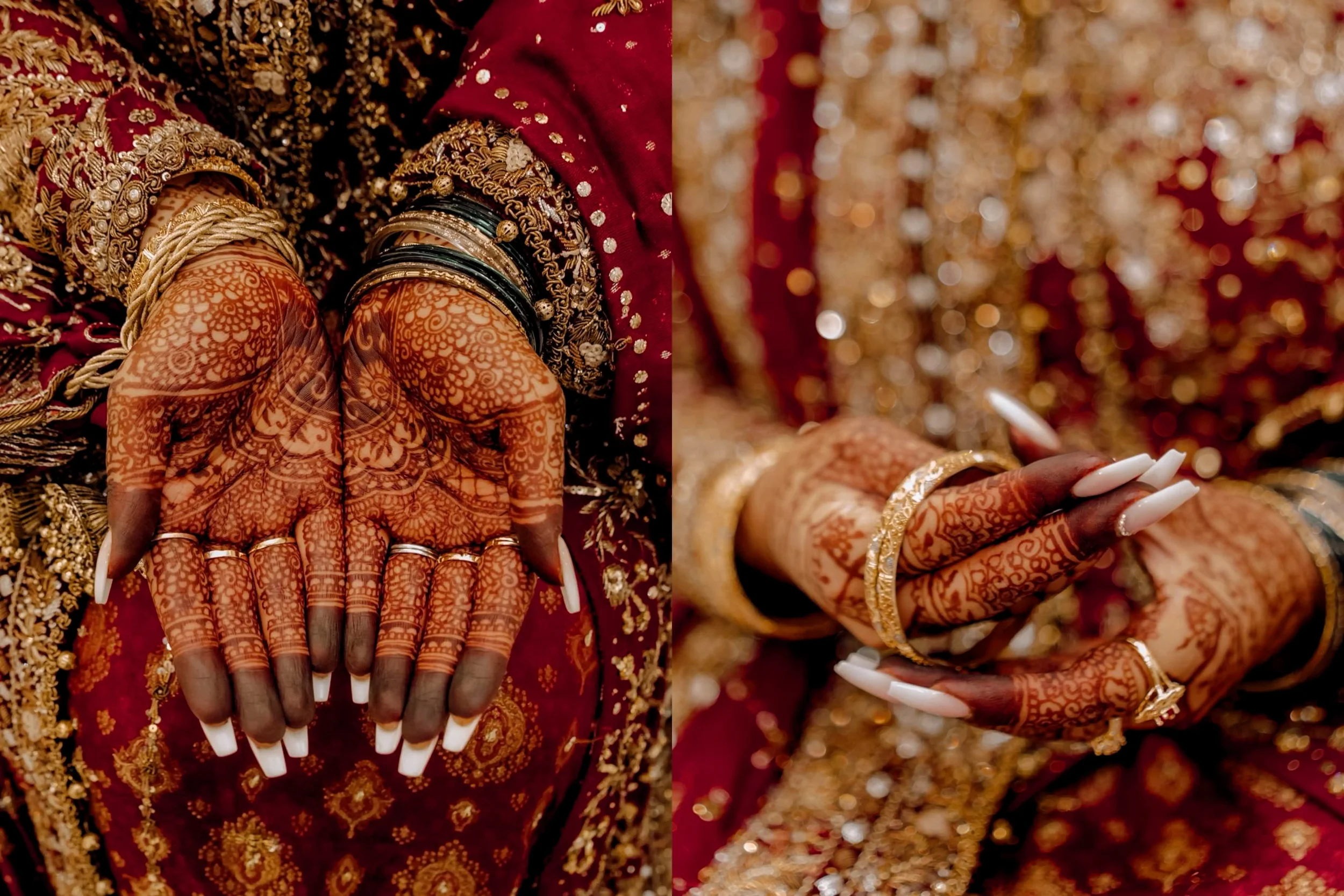 Hände einer Braut mit traditioneller Henna-Bemalung und Goldschmuck bei Hochzeitsfeierlichkeit