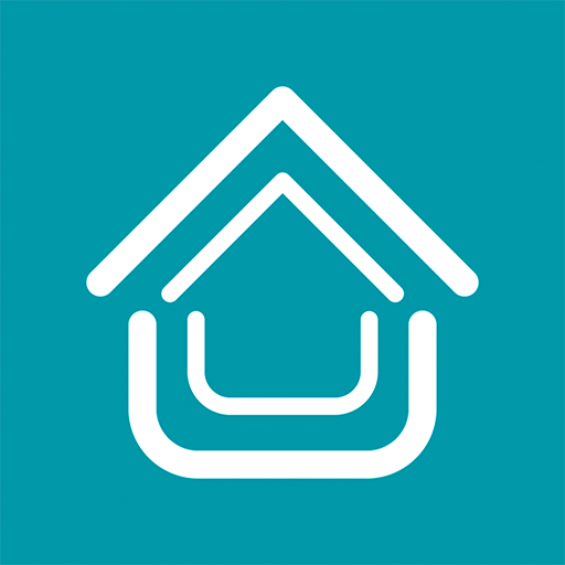 Logo med et husdesign bestående af hvide linjer på blå baggrund.