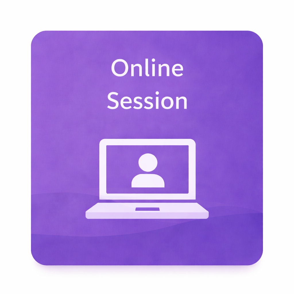 Purple digital icon for online session with a laptop displaying a user profile image.