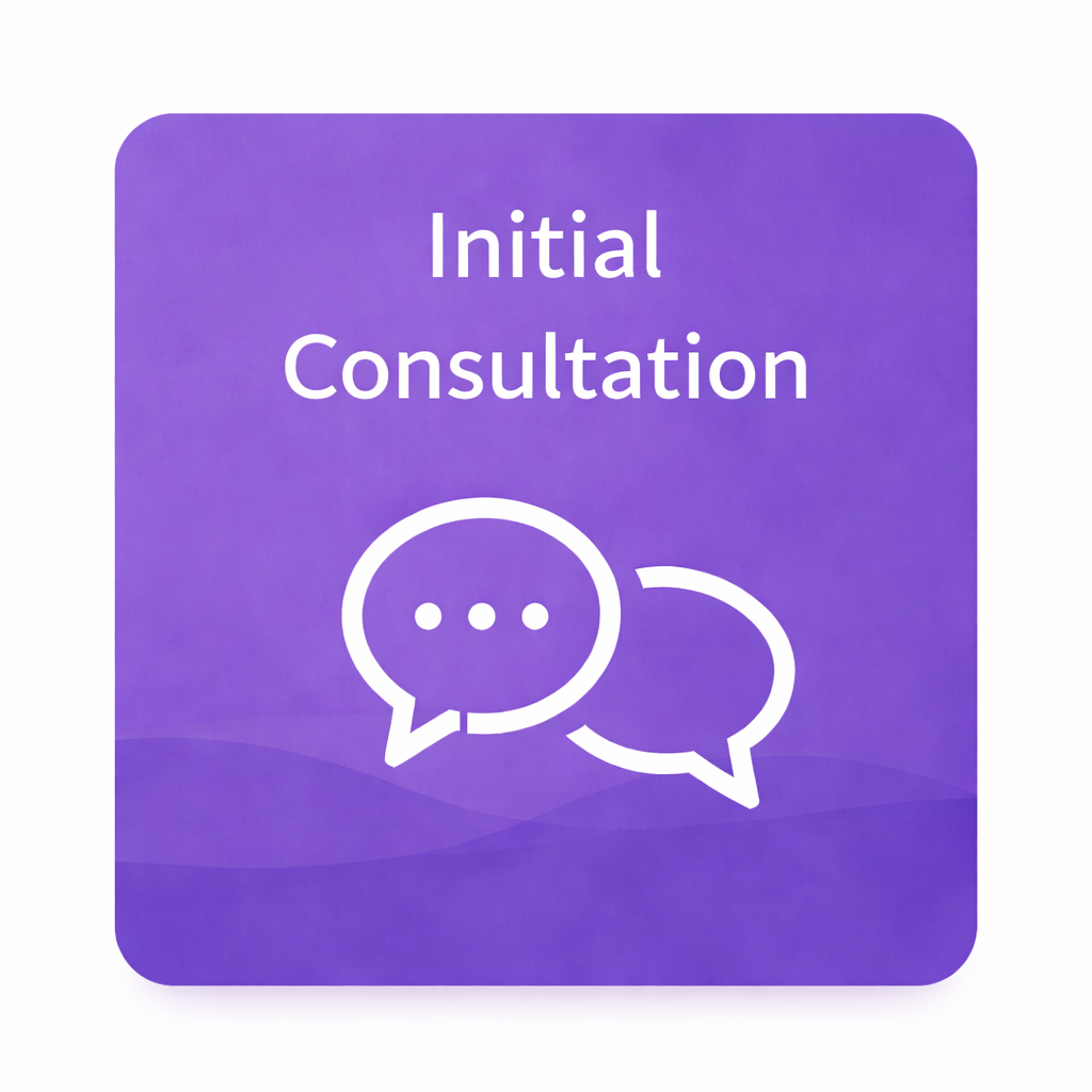 A purple square with rounded corners containing the text 'Initial Consultation' and two overlapping speech bubbles, symbolizing communication.