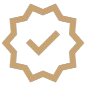 A badge or seal with a checkmark inside a gear-shaped border