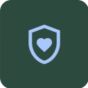 A shield icon with a heart in the center, on a dark green background.
