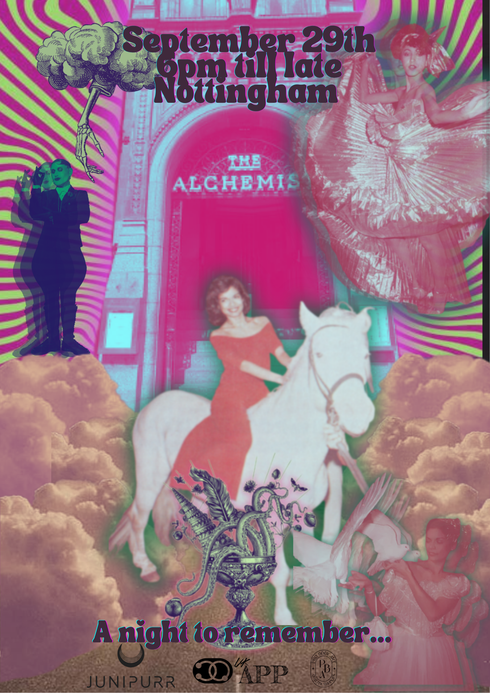 A colorful, artistic collage featuring vintage and modern imagery, including a woman riding a white horse, a woman in a dress, a woman dressed in black with a hand gesture, dreamy clouds, various psychedelic patterns, a tree, and text promoting an event on September 29th from 6 pm to late in Nottingham. The collage includes logos and the phrase "A night to remember."