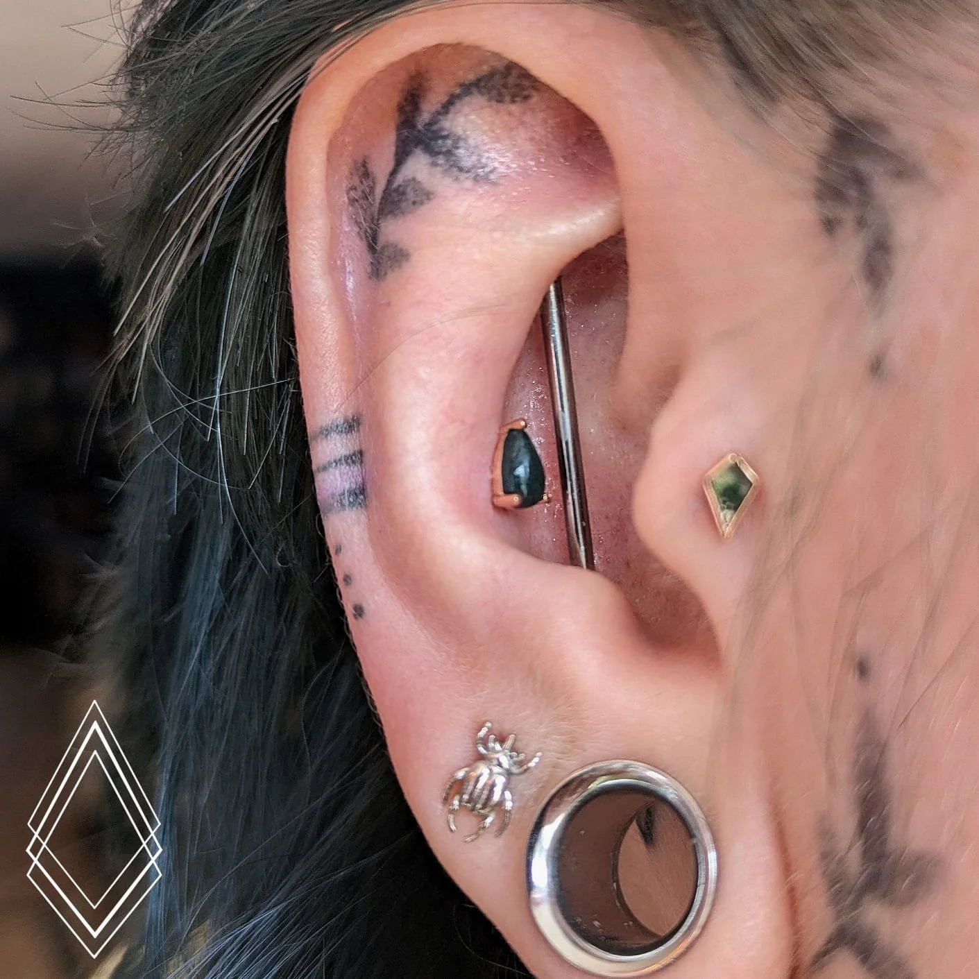 Moss agate Pear teardrop jewellery in conch piercing by Buddha Jewllery