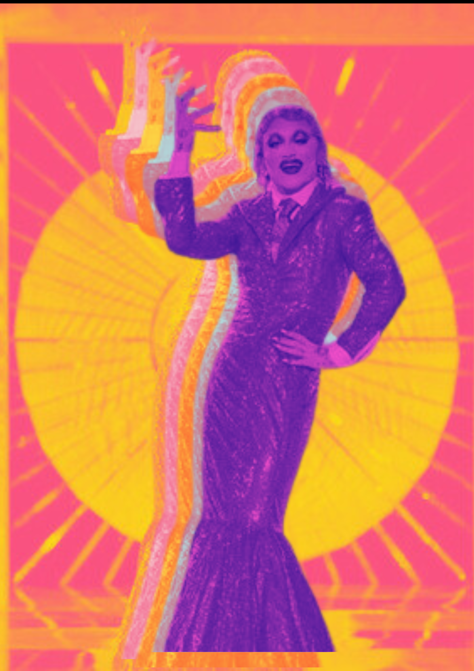 A digital art illustration of Joe Black with makeup and a dark outfit, raising their right hand, with a rainbow-colored background and radiant lines.