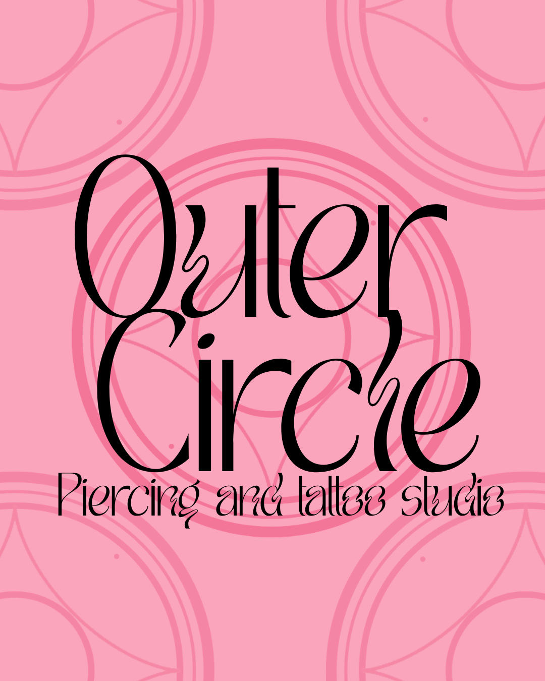 Pink background with circular pattern and the text 'Outer Circle Piercing and Tattoo Studio' in black and stylized font.