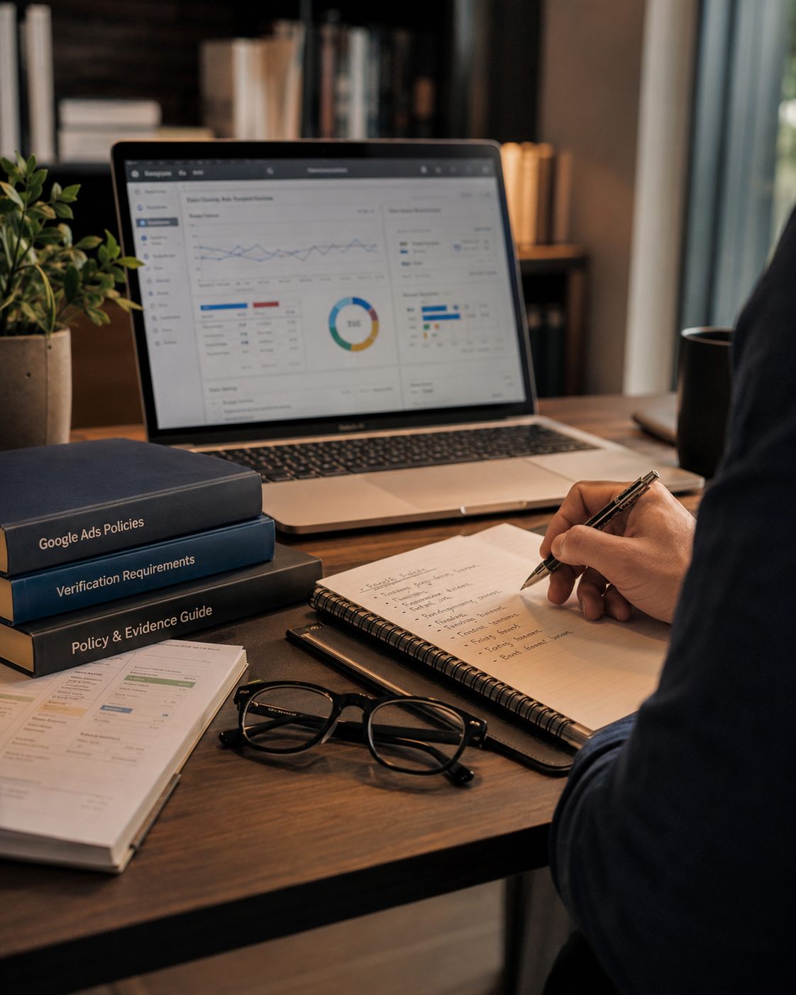Specialist reviewing Google Ads and business evidence at a private workspace.