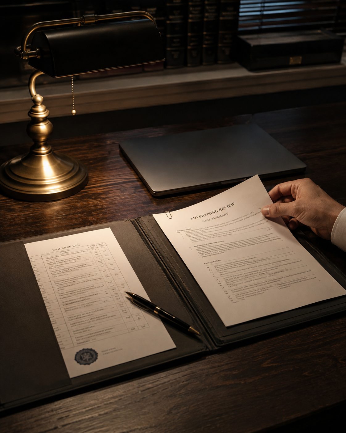 Private specialist workspace with laptop, supporting documents, handwritten notes and reference material used for evidence review.