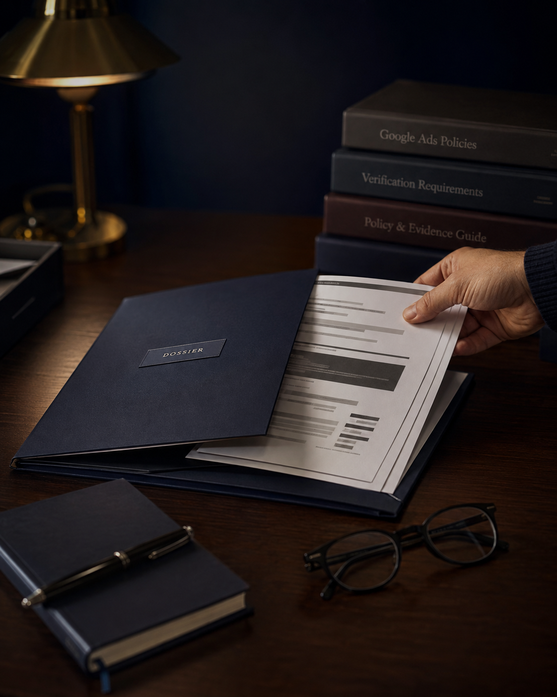 Hand reviewing a confidential client Dossier at a private workspace with notes and supporting material.