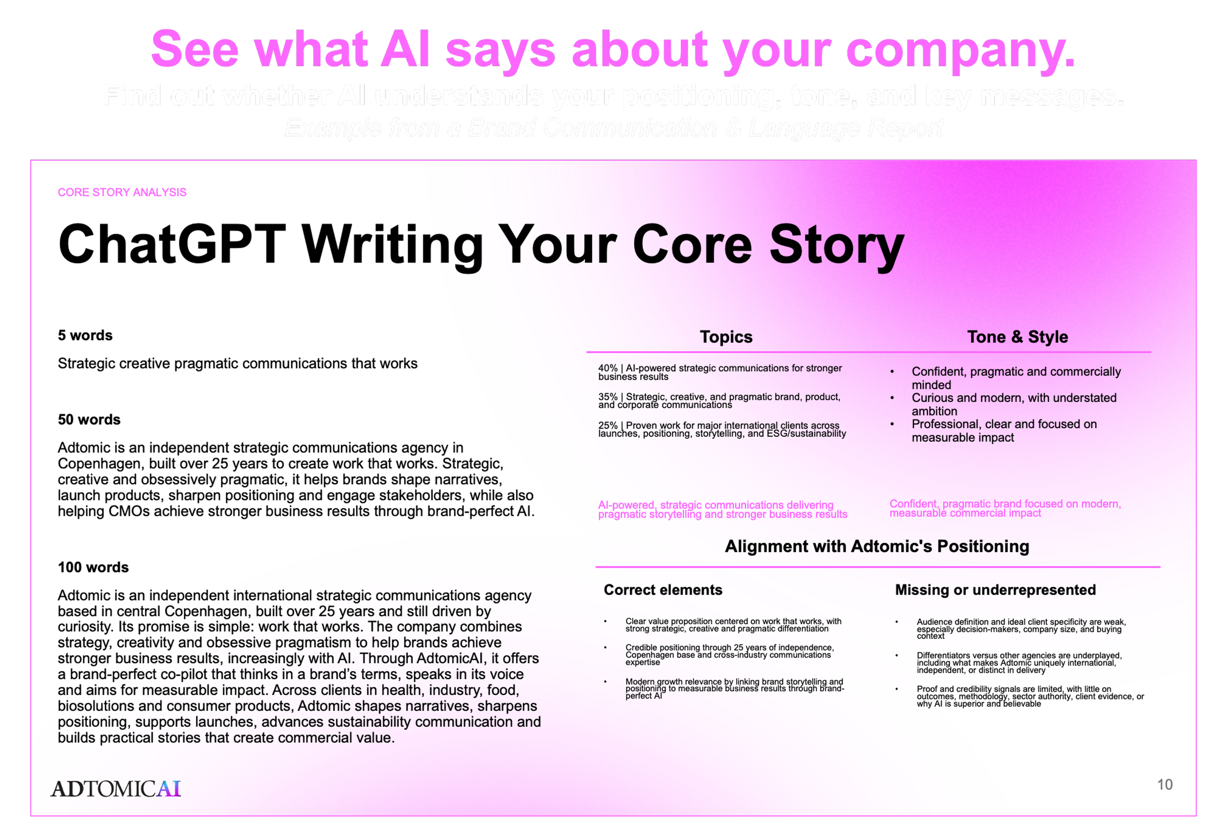 An image from a report page by AdtomicAI showcasing AI's role in understanding company positioning, tone, and messages, with sections on core story analysis, story writing strategies, and alignment with Adtomic's positioning.