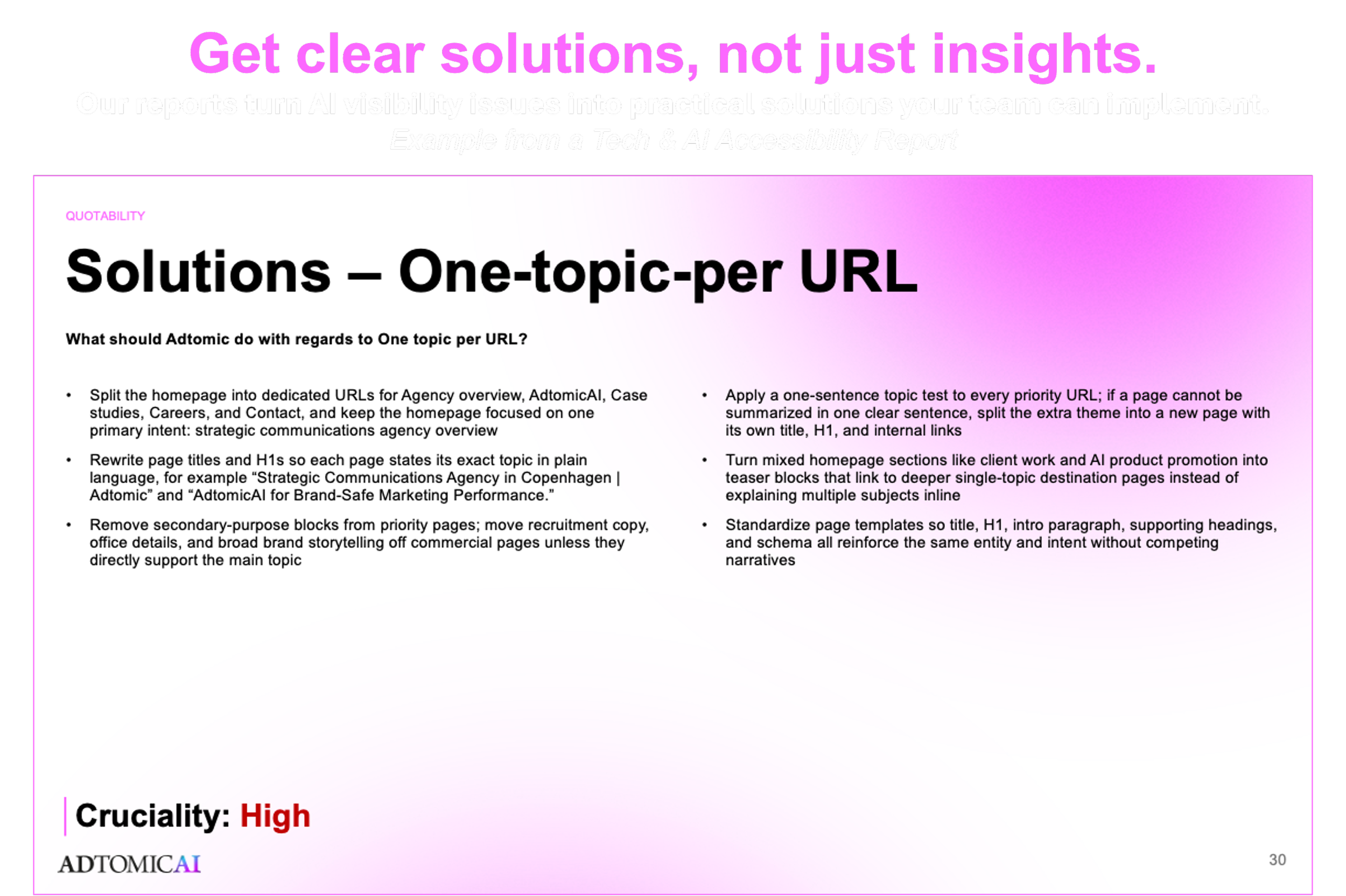 An image from a report page by AdtomicAI titled 'Solutions - One-topic-per URL' and a list of suggestions for managing webpage URLs and content topics, with a pink to purple gradient background.