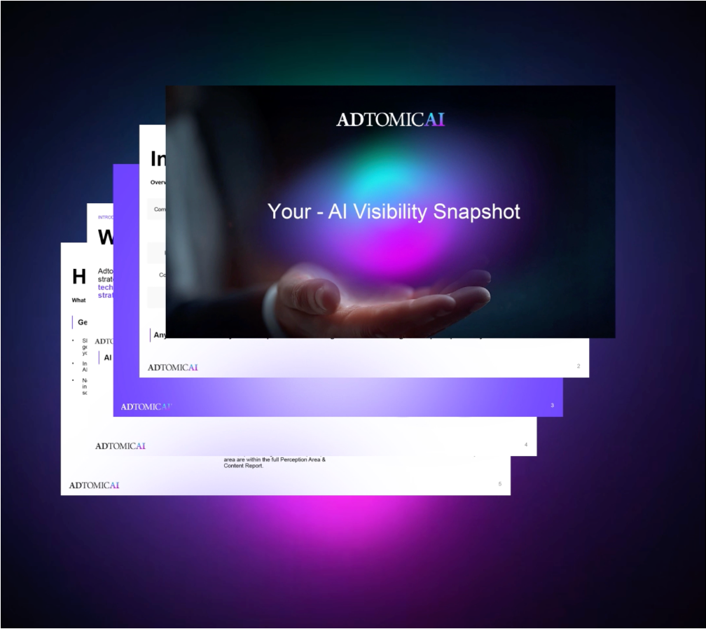 Slides from a presentation titled 'Your - AI Visibility Snapshot' by ADTOMICAI, showing a hand holding a glowing digital orb, with several overlapping presentation pages in the background.