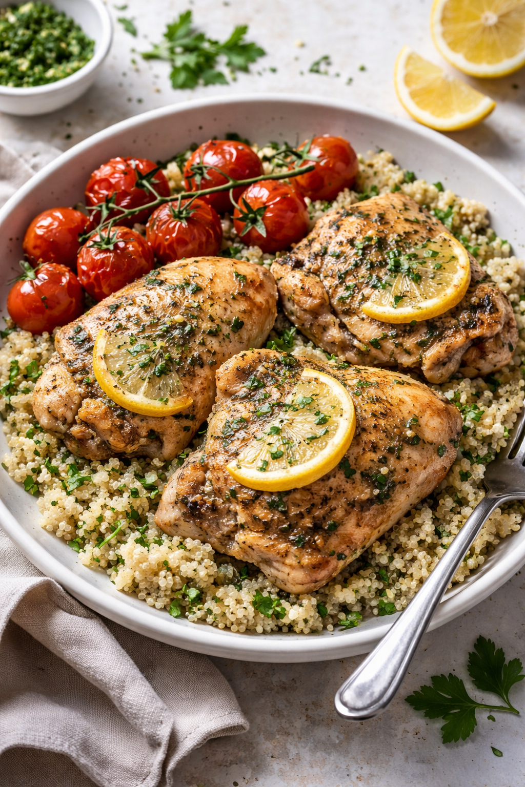 Lemon Herb Roasted Chicken with Garlic Quinoa &amp; Blistered Tomatoes