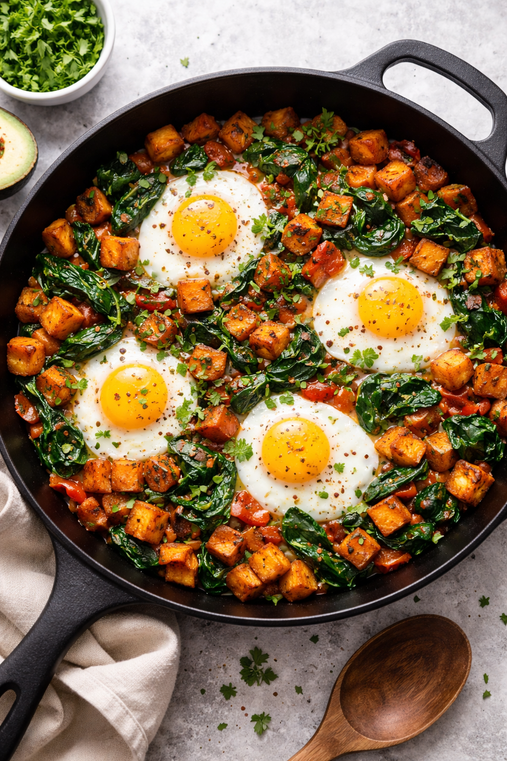 Sweet Potato &amp; Spinach Breakfast Hash with Eggs