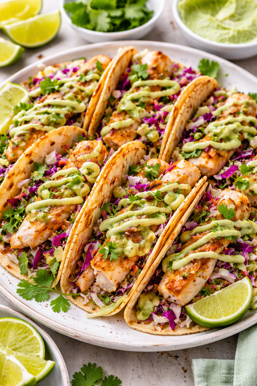 Grilled Fish Tacos with Cabbage Slaw &amp; Avocado Crema