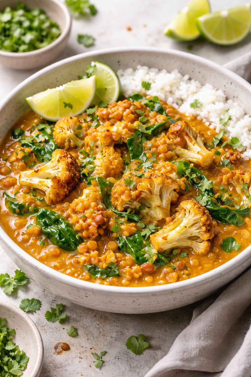 A bowl of lentil and cauliflower curry garnished with cilantro and served with lime wedges, with bowls of chopped cilantro nearby.