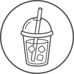 Illustration of a plastic cup with a lid, a straw, and ice cubes inside.