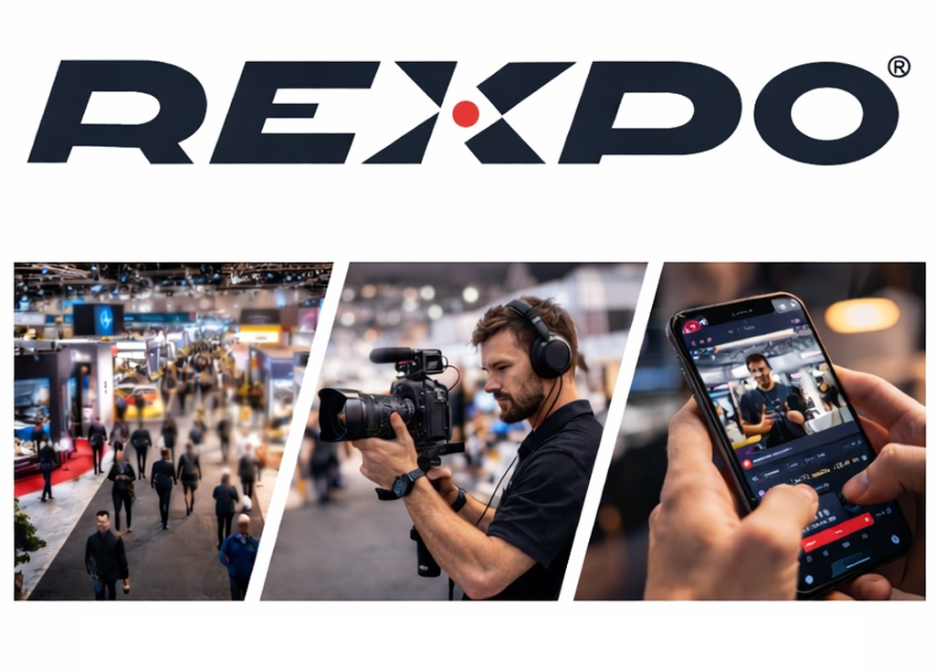 Logo di REXPO sopra tre immagini di una fiera: una vista dall'alto di un evento con persone e stand, un uomo con cuffie che gira con una videocamera, e una mano che registra una persona sul telefono.