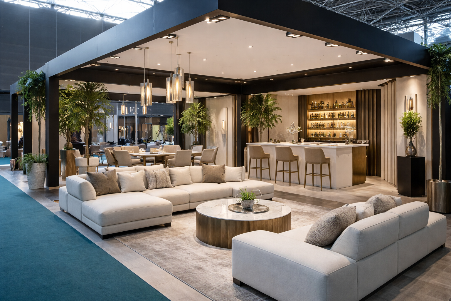 Interno di un bar elegante con divani bianchi, tavolini rotondi, piante verdi e un bancone con sgabelli davanti a scaffali con bottiglie, illuminato da lampade moderne e soffitto di vetro.