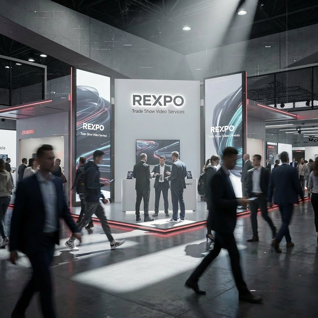 Stand alla fiera REXPO con pannelli pubblicitari e persone che conversano.