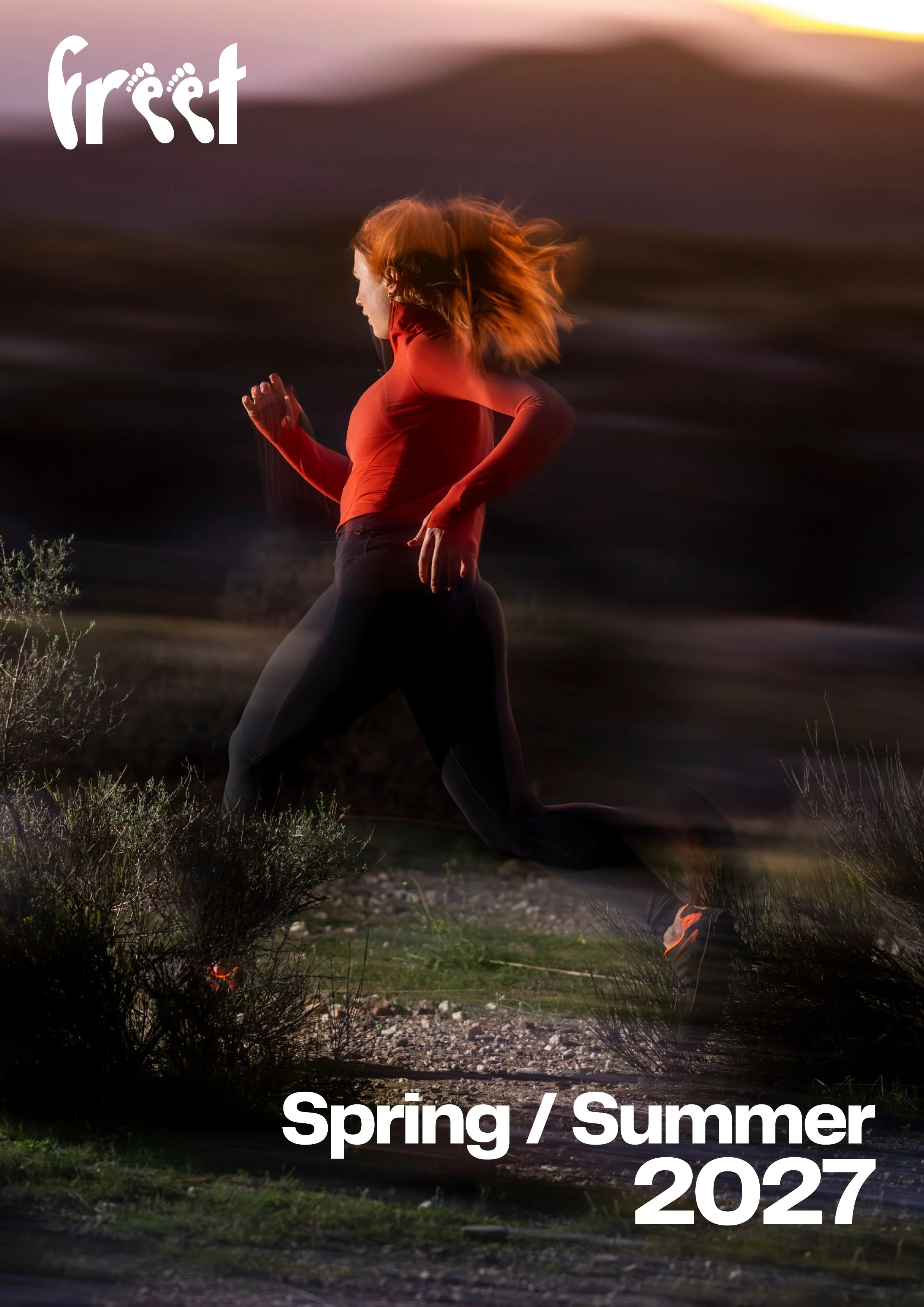 A woman running outdoors at sunset or sunrise, with the sky in shades of pink and purple. Text overlays include the words 'Spring / Summer 2027' and some partially visible text at the top left.