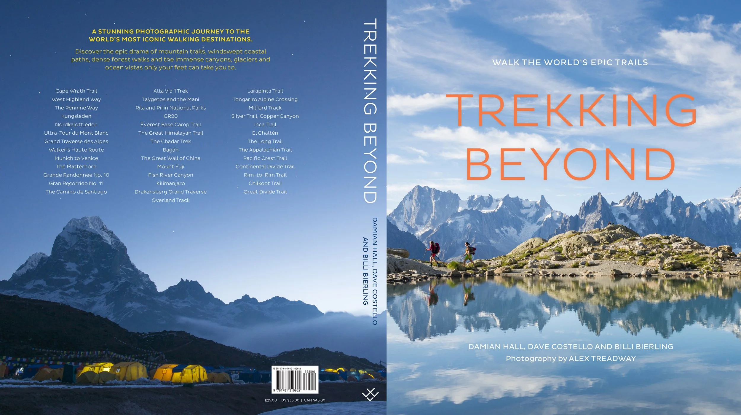 Cover of Alex Treadway's booked 'Trekking Beyond'. A mountain landscape with snow-capped peaks, a bright blue sky with some clouds, a small reflective lake, and two hikers with backpacks walking along the rocks.