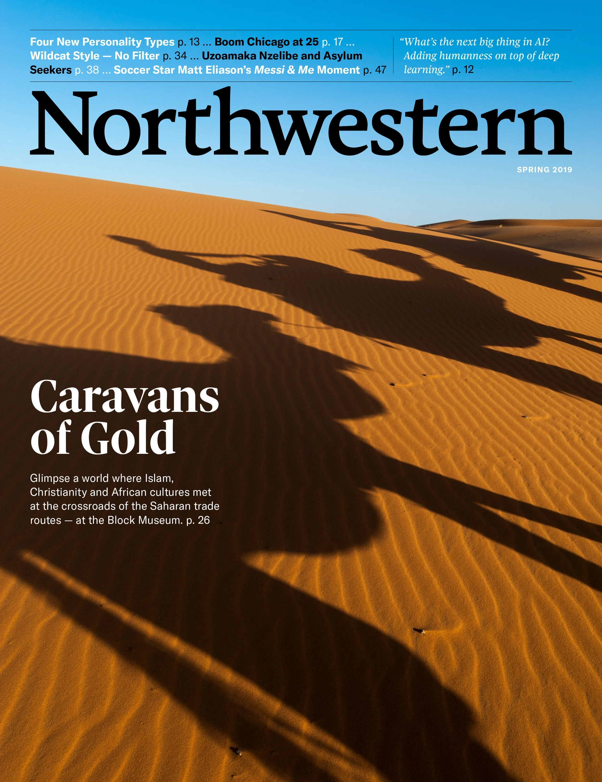 Desert landscape with sand dunes and shadows of camels under a clear blue sky. The image appears on the cover of a magazine titled 'Northwestern' with articles about caravans of gold and cultural intersections.