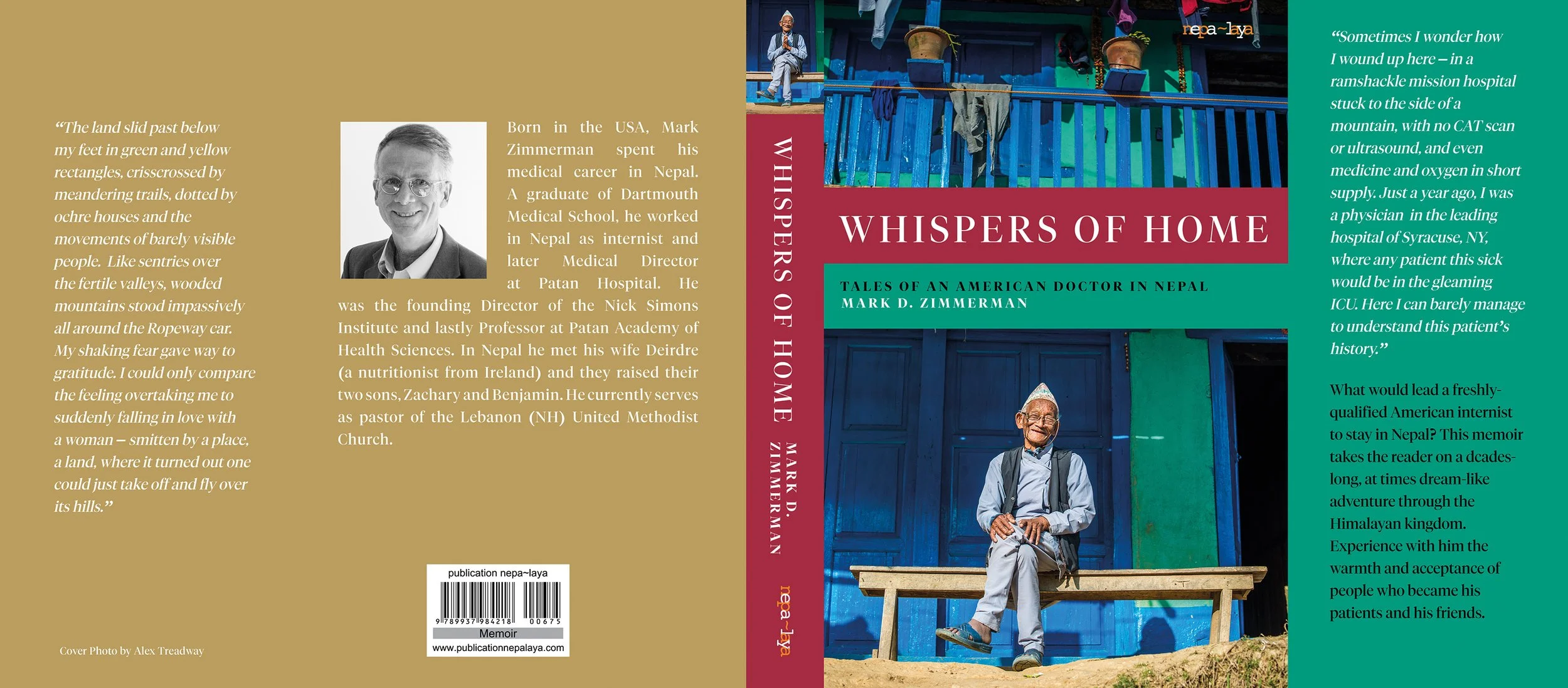 A book cover titled 'Whispers of Home' by Mark D. Zimmerman. It features a photo of an elderly man sitting on a bench in front of a colorful house with blue walls and a green door, wearing a hat, glasses, and traditional Nepalese attire.