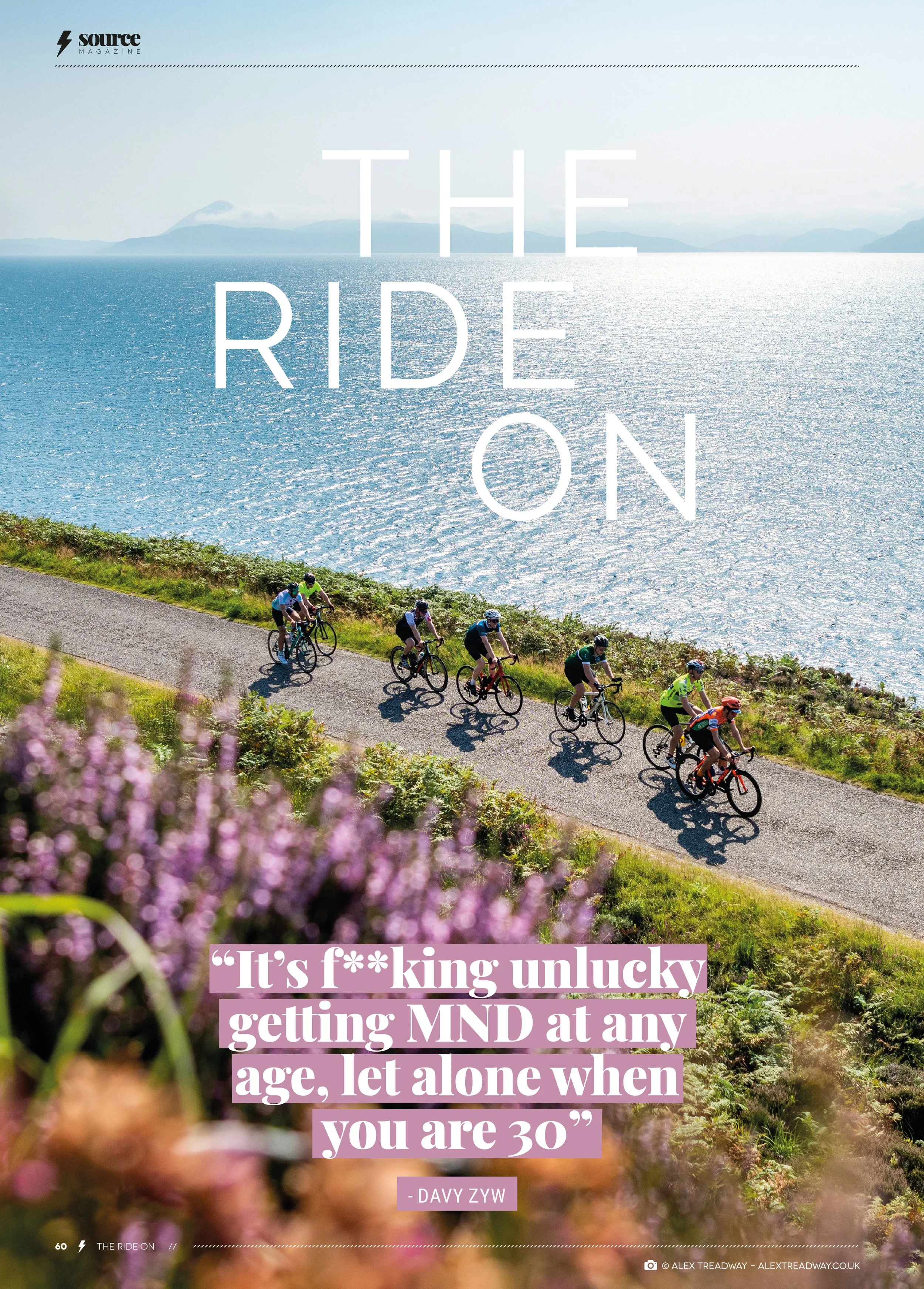 A group of cyclists riding along a scenic coastal road with mountains and water in the background. Overlaid text quotes Davy Zyw about aging and mental health.