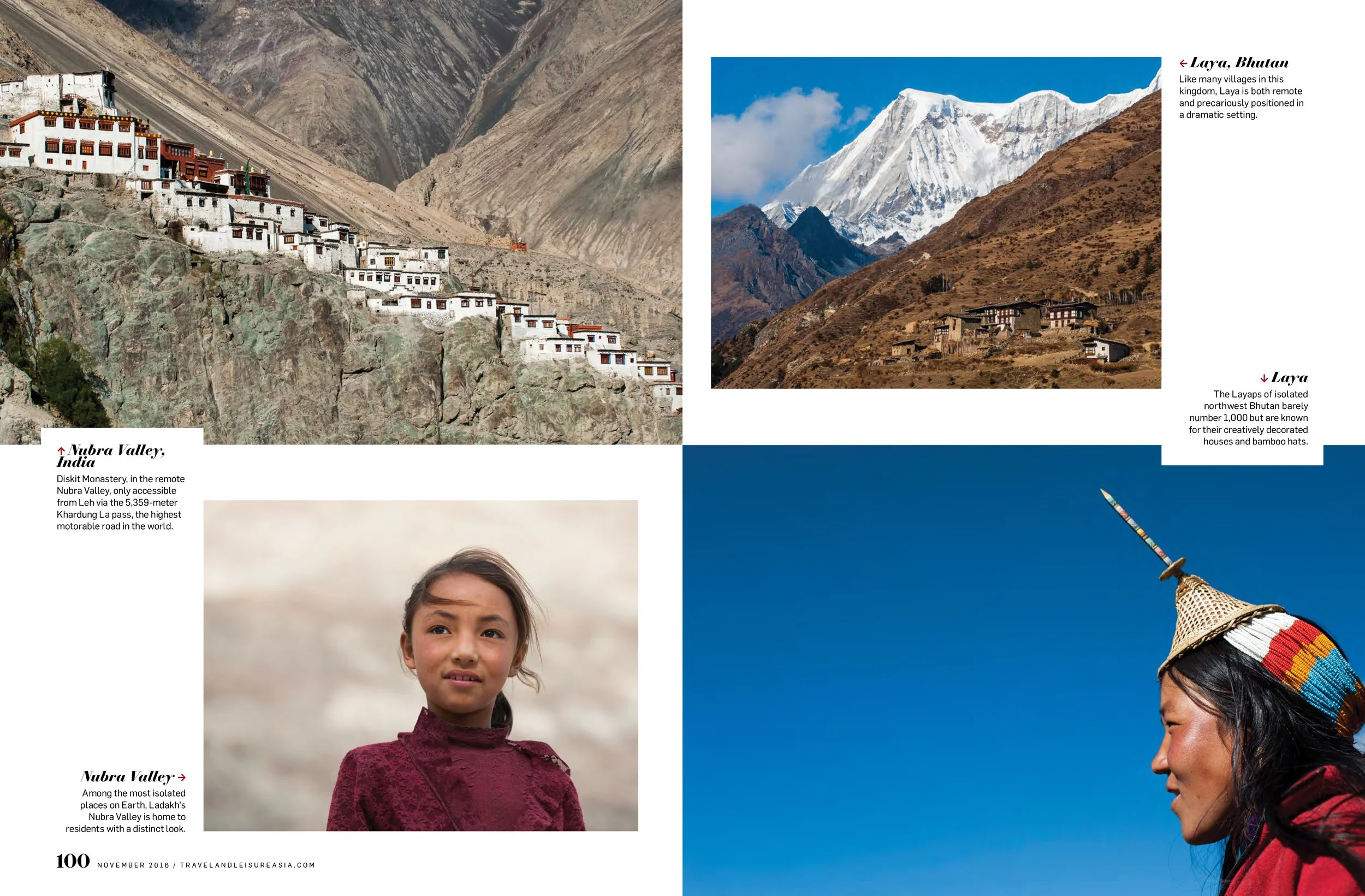 Photograph of Nubra Valley in India with white monasteries built on rocky cliffs and rugged mountainous terrain in the background.