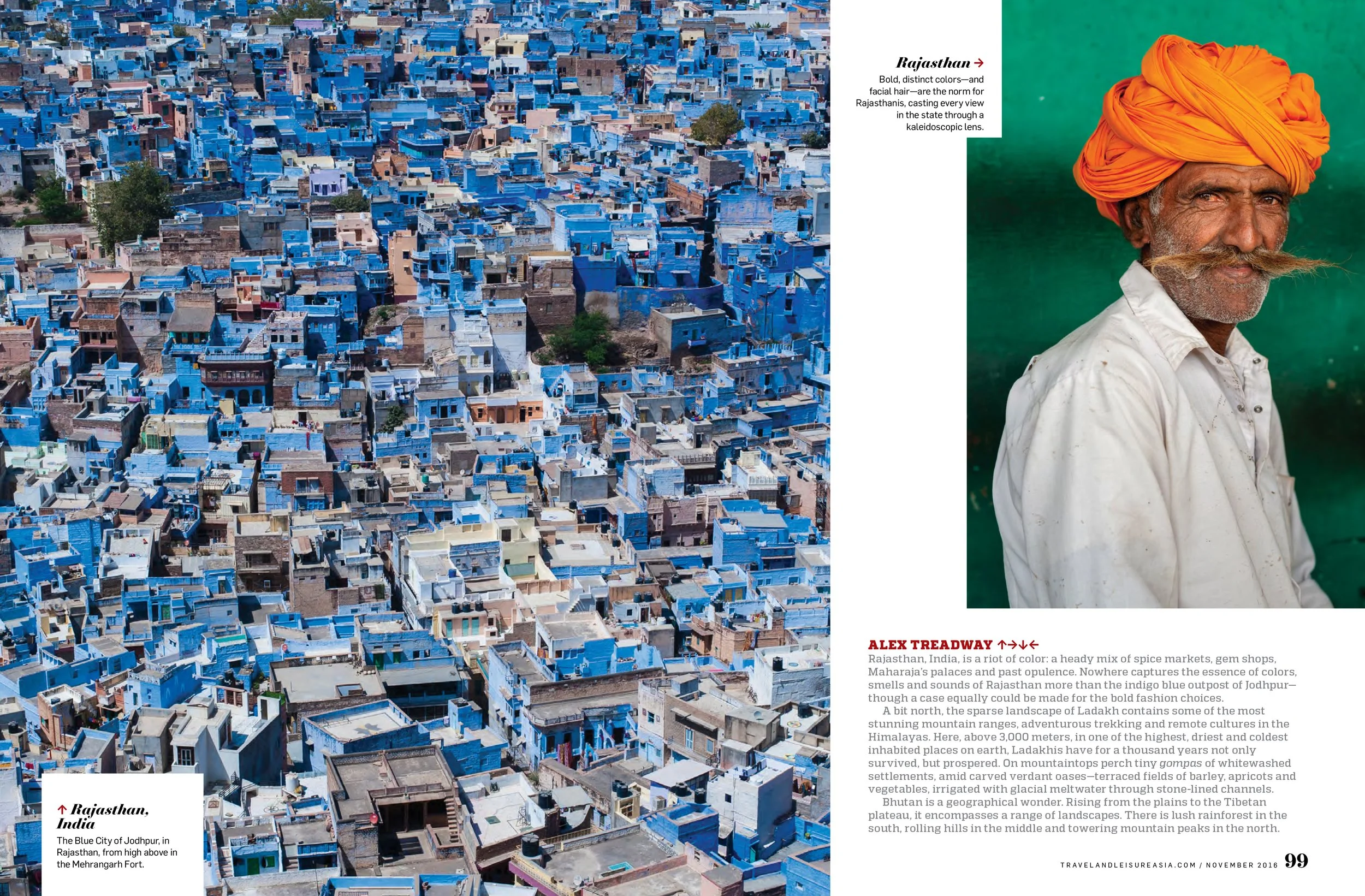 Aerial view of blue-painted houses in Jodhpur, India, with a man wearing an orange turban and white shirt looking at the camera, set against a green background.