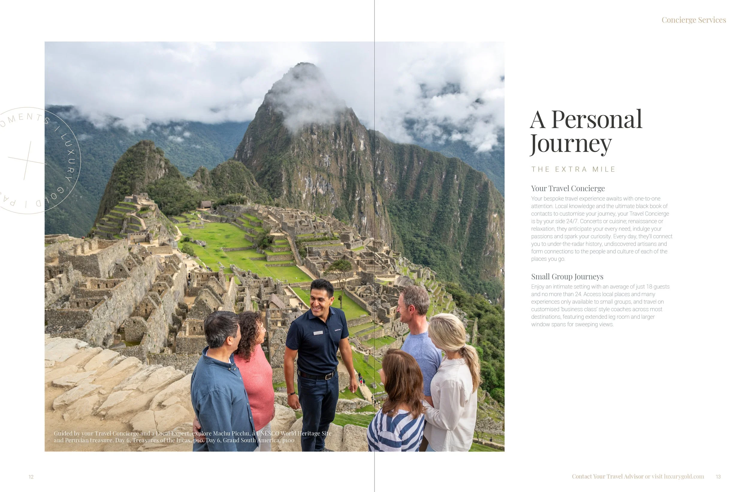 A group of tourists tour Machu Picchu with lush green terraces and ancient stone structures, surrounded by steep mountain peaks partially covered in clouds.
