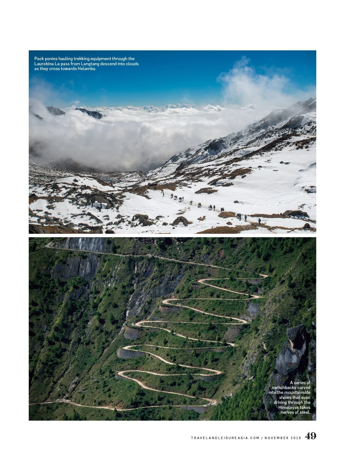 Two images: the top shows pack ponies crossing snow-covered mountains near Helambu, and the bottom shows switchbacks carved into the mountainside of the Himalayas.