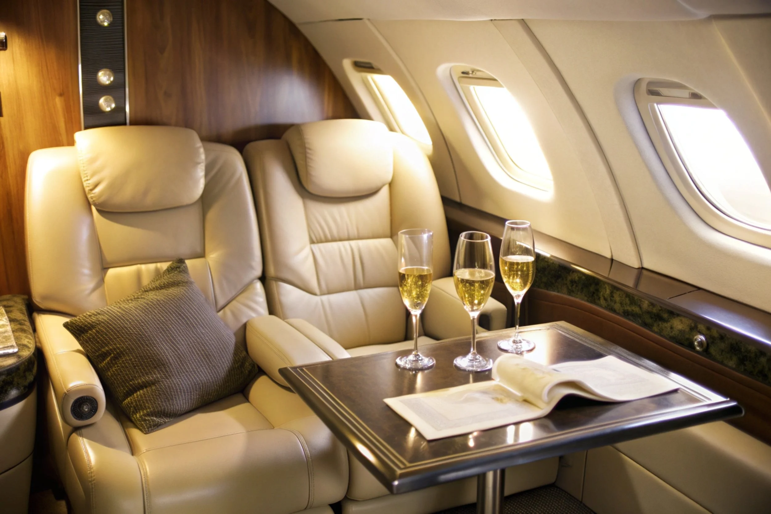 Luxury airplane interior with cream leather seats, a small table with three glasses of champagne, and windows.