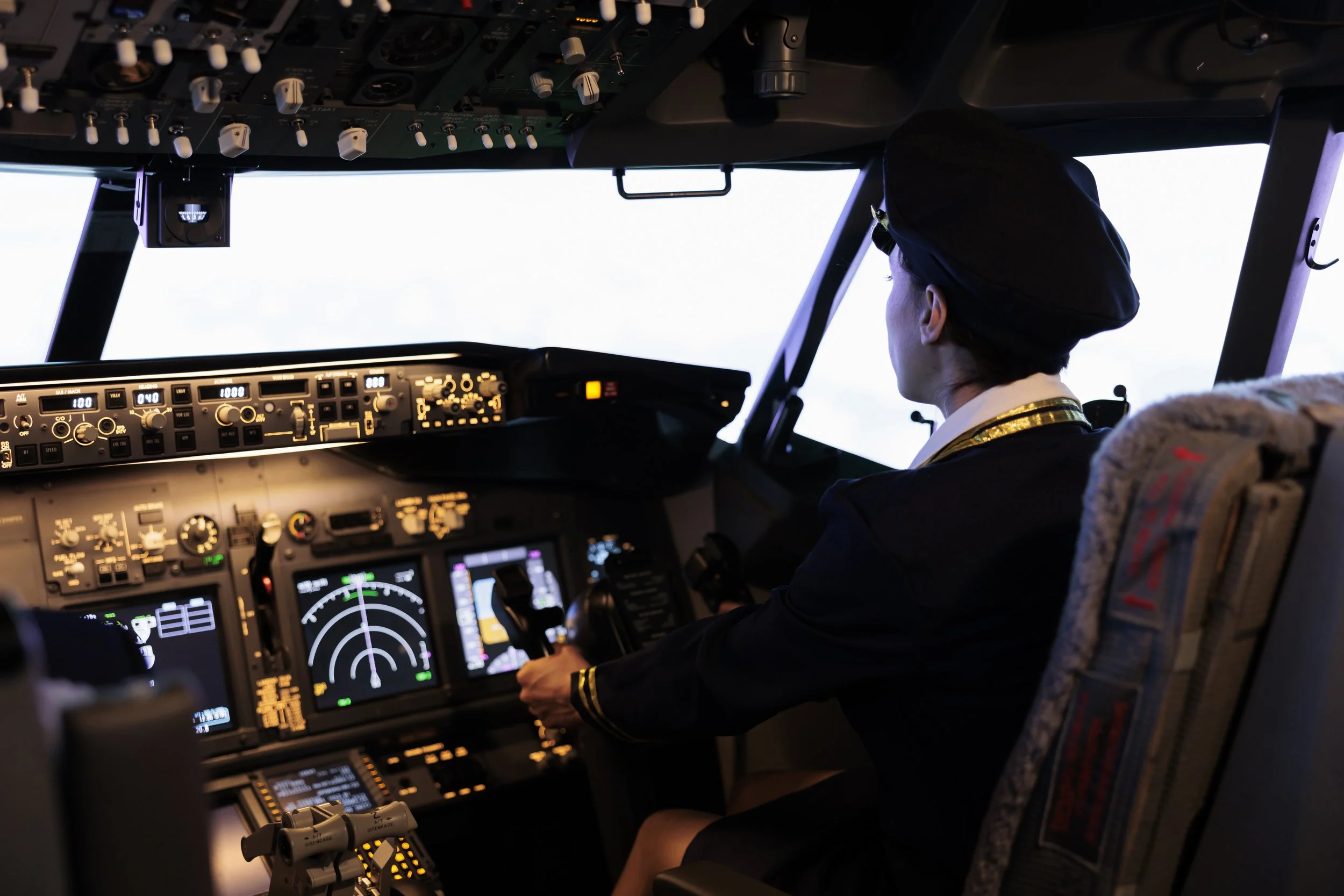 Pilot sitting in the cockpit of an airplane, looking out of the window, surrounded by control panels and instruments.