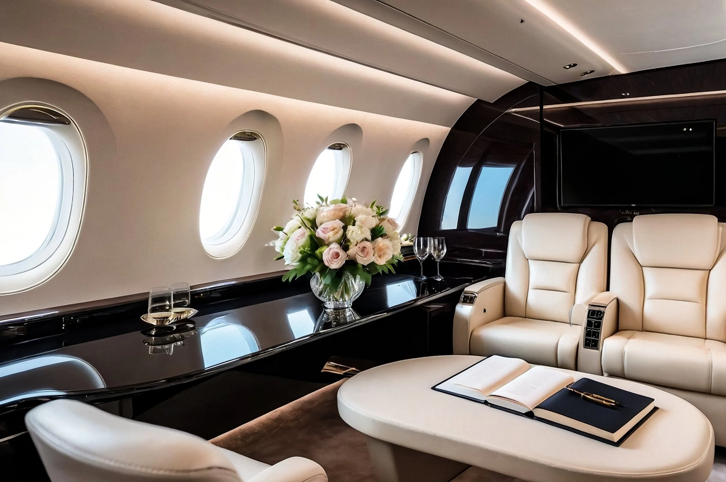 Luxurious airplane interior with cream leather seats, a coffee table with a notebook and pen, a large bouquet of flowers, and windows with a view outside.