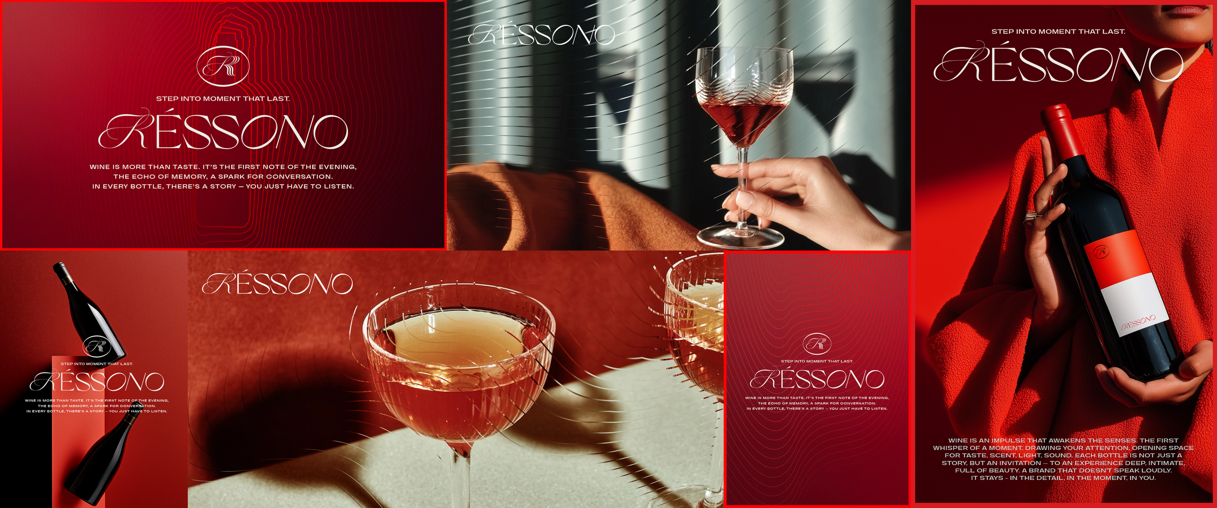 A collage of images promoting Ressono wine, featuring glasses of red wine, a person holding a wine glass, a person holding a wine bottle, and red background with the Ressono logo and various quotes about wine.