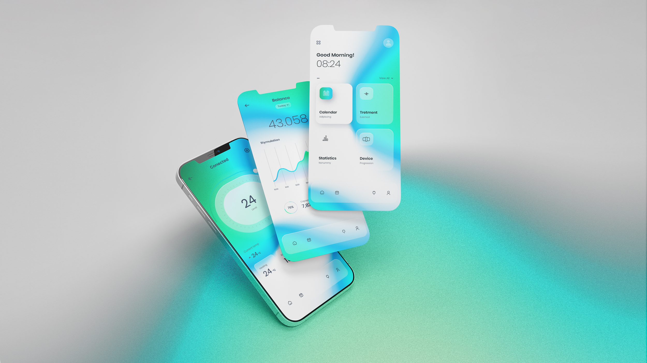 Three smartphones displaying health and productivity apps with gradient backgrounds, placed on a gradient surface.