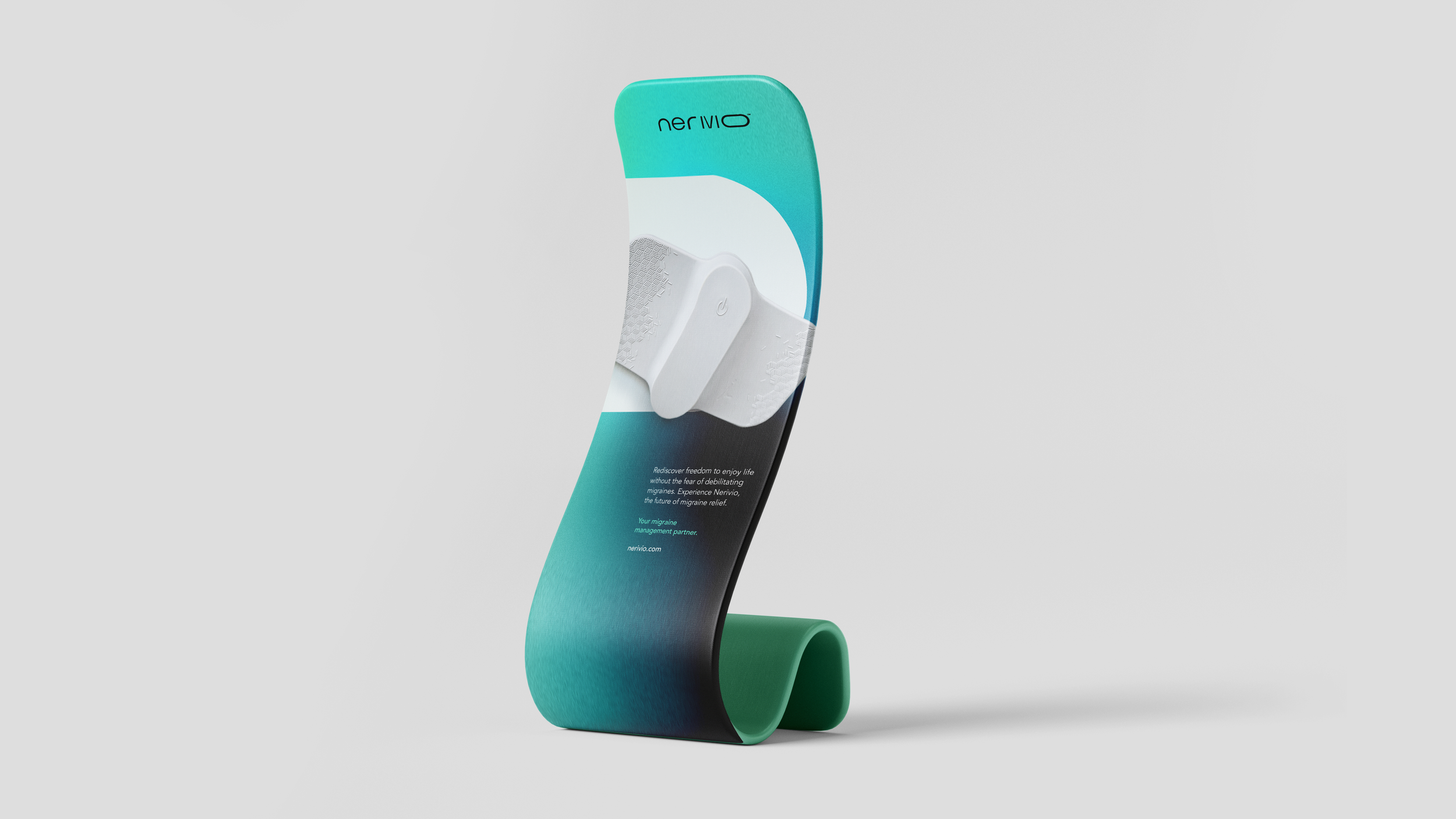 A vertical display stand features a cover photo of a white nerve relief device. The stand's background colors are a gradient from turquoise at the top to dark teal at the bottom, with white text promoting migraine relief. The device appears as a small, white, textured patch.