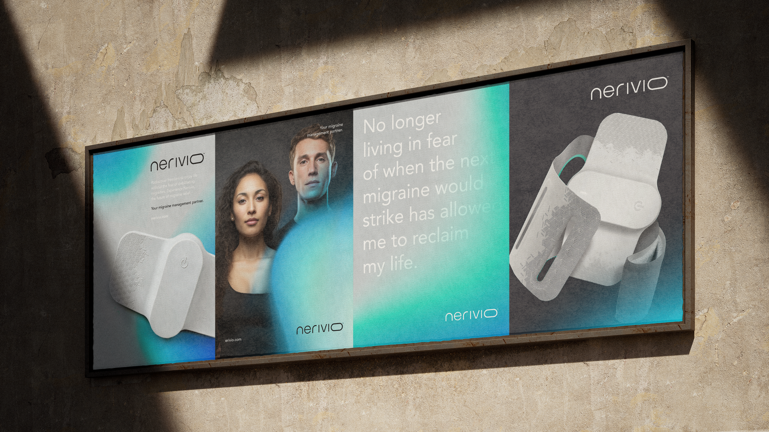 Billboard advertisement for Nervvio migraine relief device featuring images of the device, a woman, and a man, with text stating that it helps those living in fear of migraine attacks.