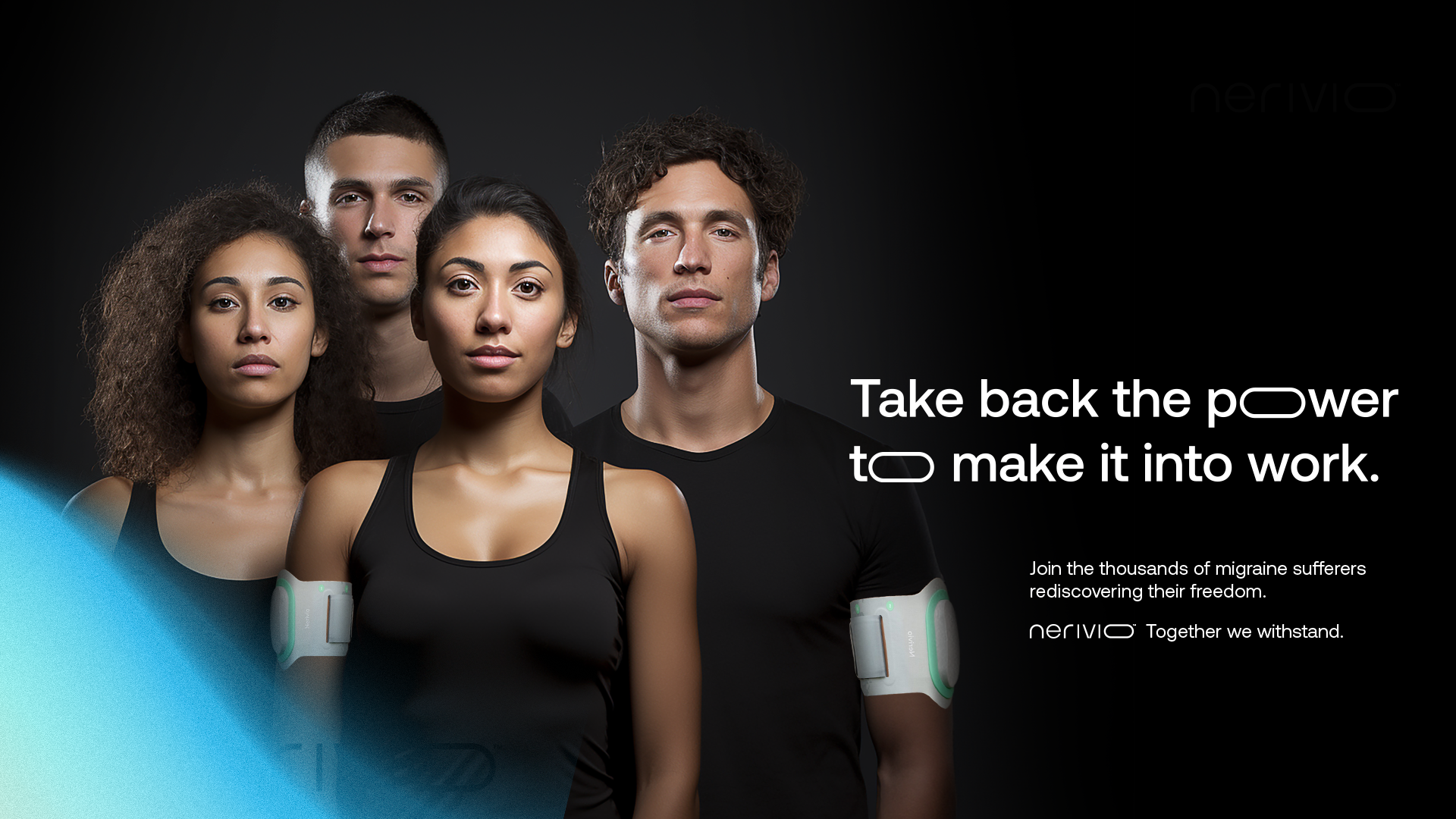 Group of four diverse young adults wearing black athletic clothing with wearable health devices on their arms, standing against a dark background, with accompanying motivational text about taking control of health to overcome migraines.