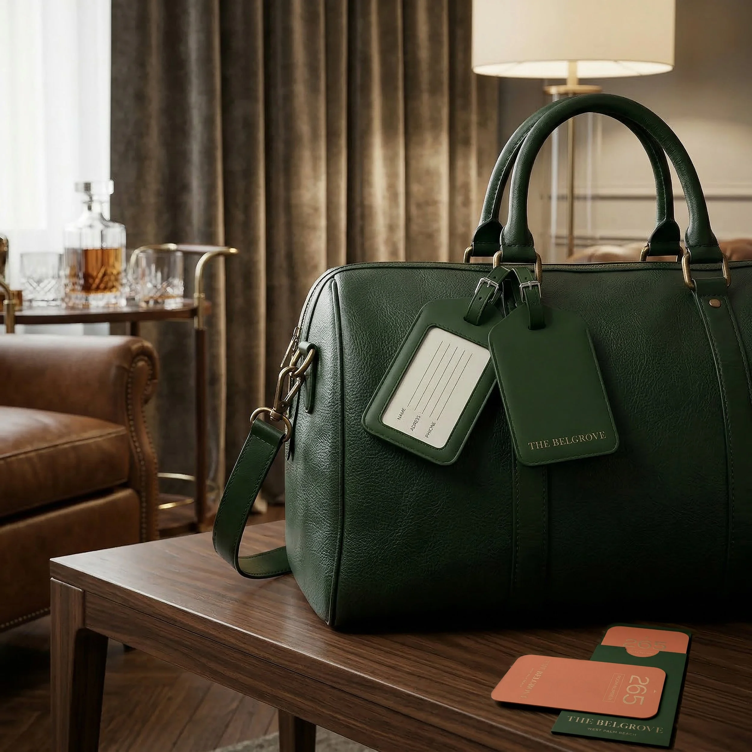 A green leather travel bag with luggage tags and a changing card on a wooden table in a cozy, well-decorated room.