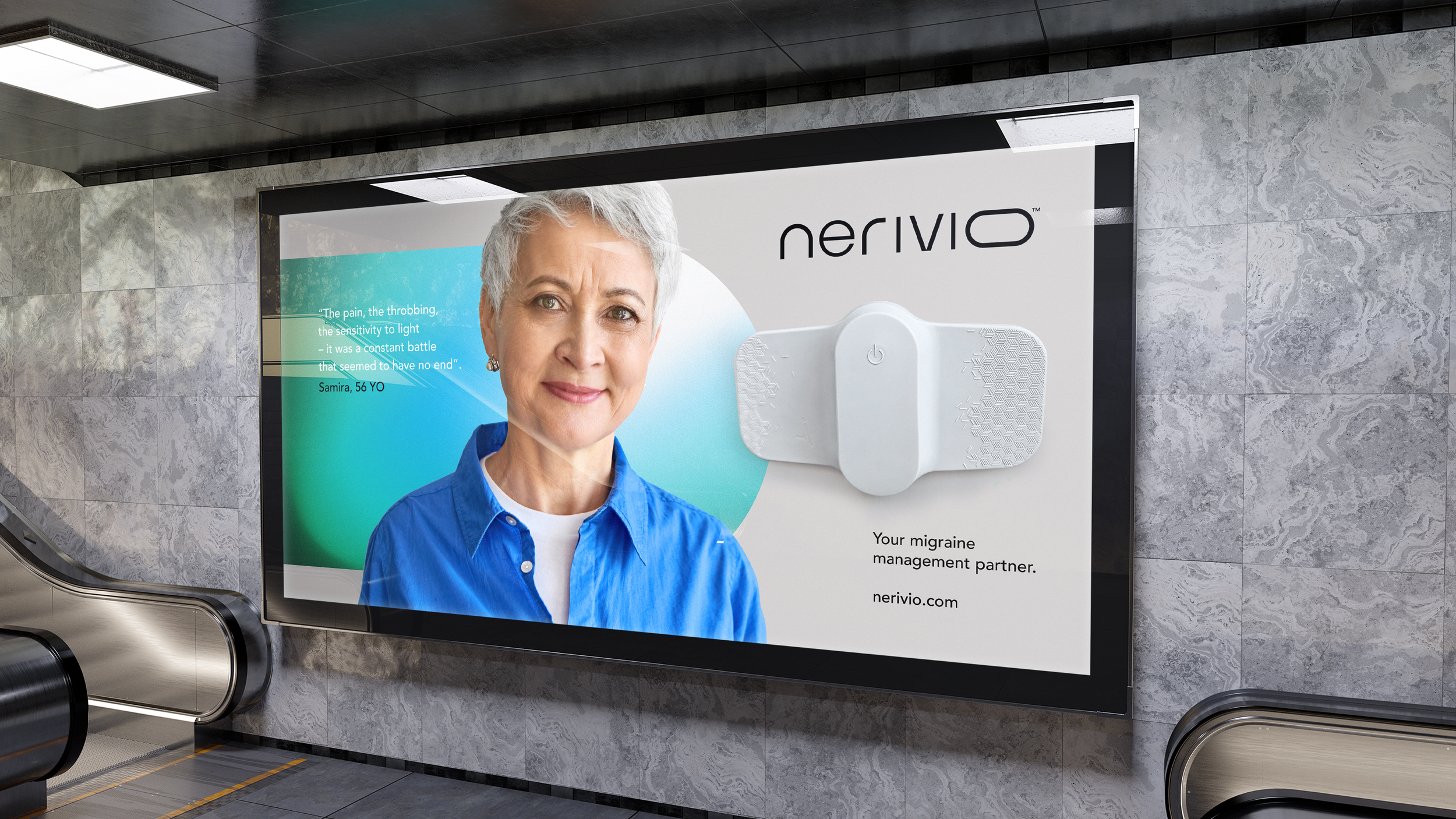 Advertisement for Nervio migraine management device featuring an older woman in a blue shirt, with a quote from her about pain and sensitivity, and the device displayed on the right side of the poster.
